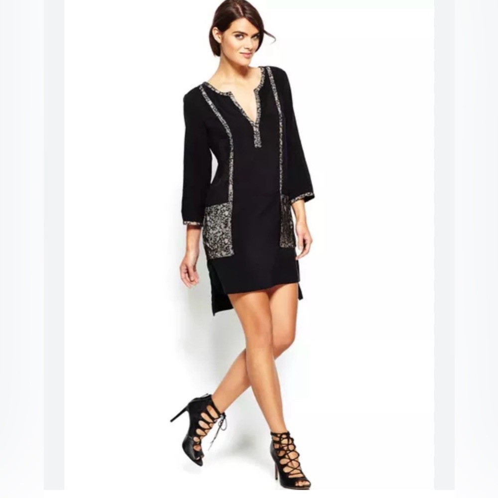 BCBGMaxAzria Black High-Low Tunic Dress with Metallic Trim